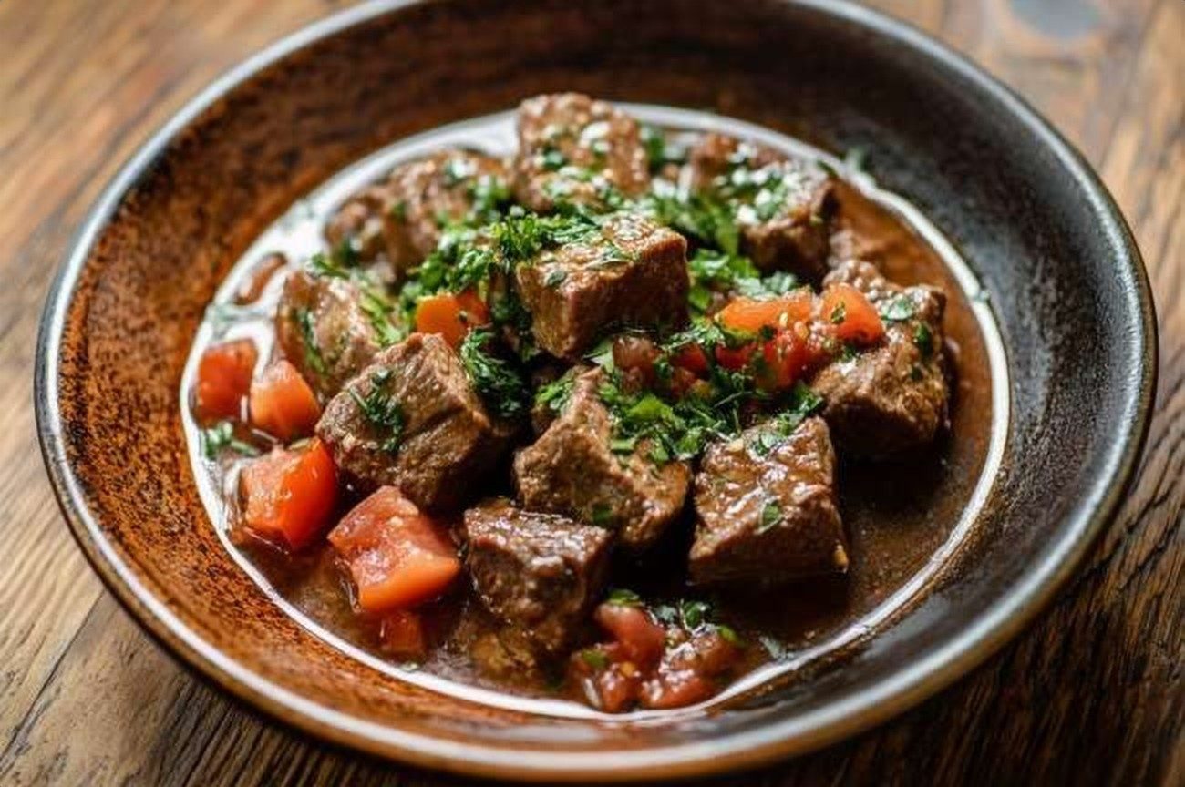 Ugandan Beef Luwombo, Herb-Steamed, plated and ready to serve
