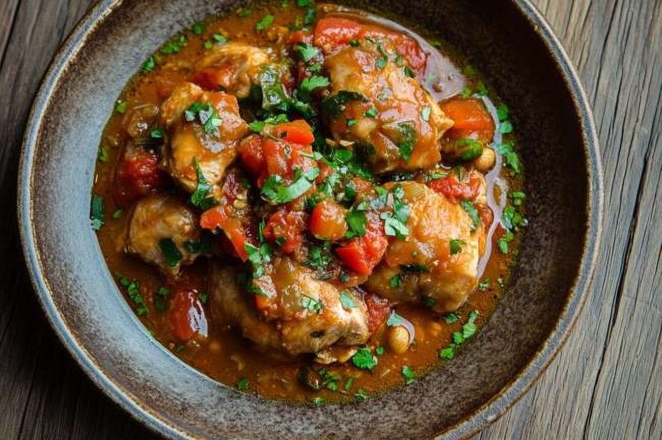 Ugandan Chicken & Peanut Stew, plated and ready to serve