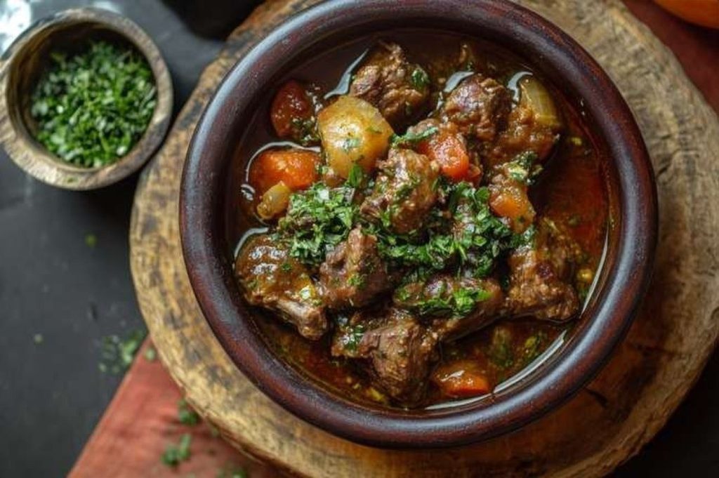 Ugandan Goat Luwombo, Herb-Steamed, plated and ready to serve