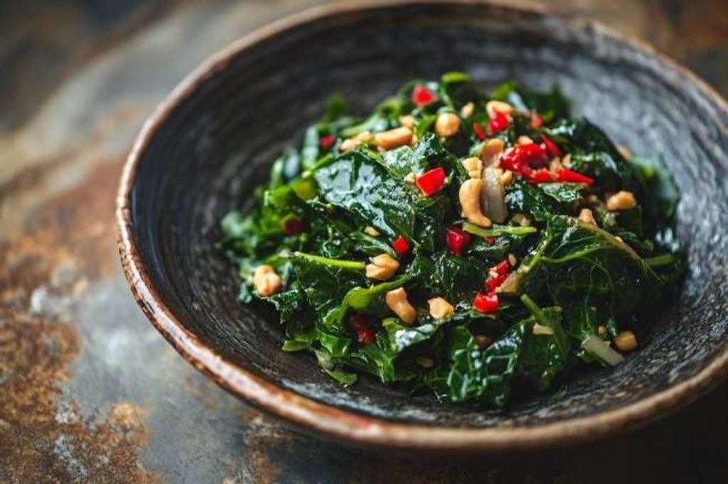 Ugandan Groundnut & Greens Sauté, plated and ready to serve