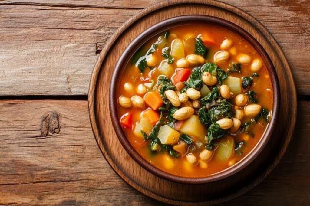 Ugandan Groundnut Stew, Vegetable-Forward Style, plated and ready to serve