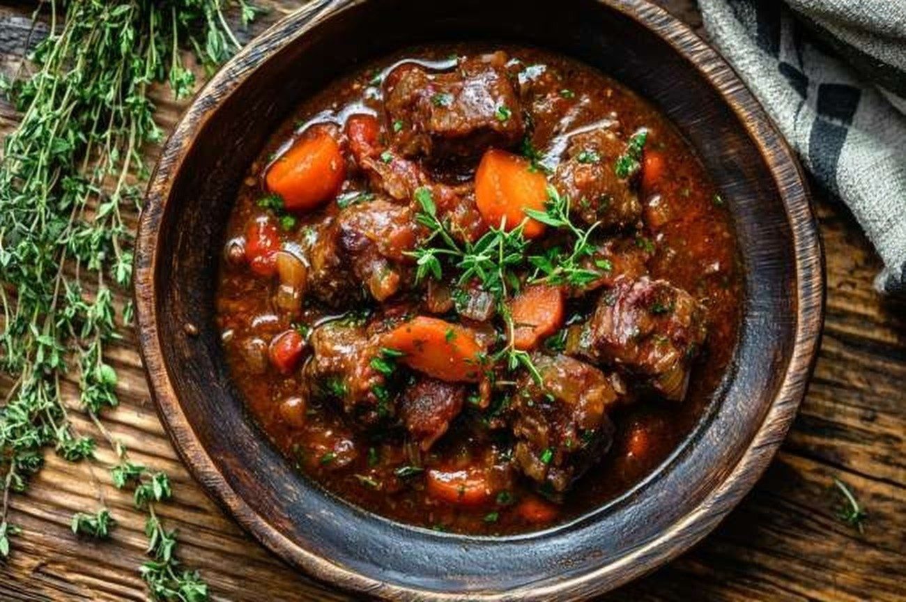 Ugandan Oxtail Stew, Tomato & Herb Braise, plated and ready to serve