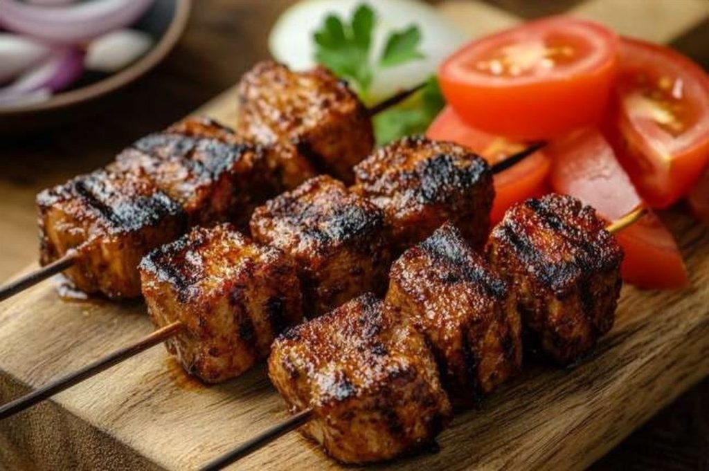 Ugandan Pork Muchomo, Grilled, plated and ready to serve