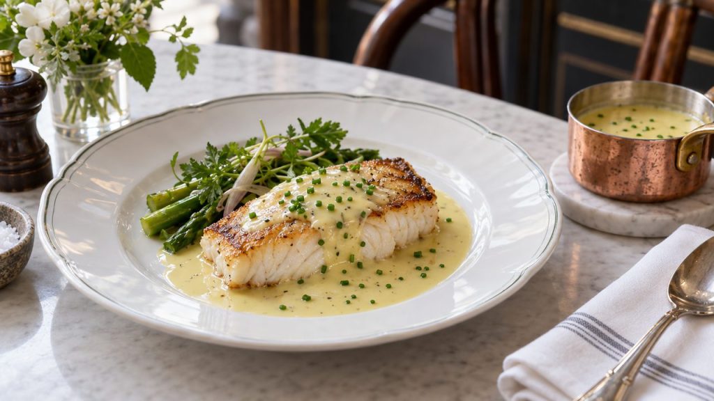 Beurre Blanc Keto Vin Blanc, plated and ready to serve
