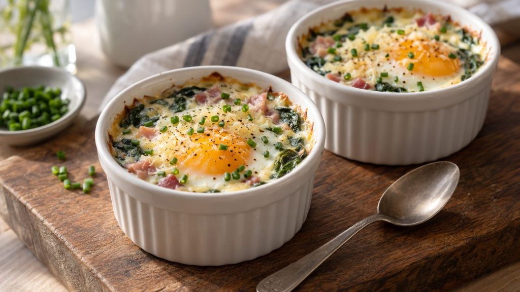 Oeufs en Cocotte Baked Eggs in Cream, plated and ready to serve