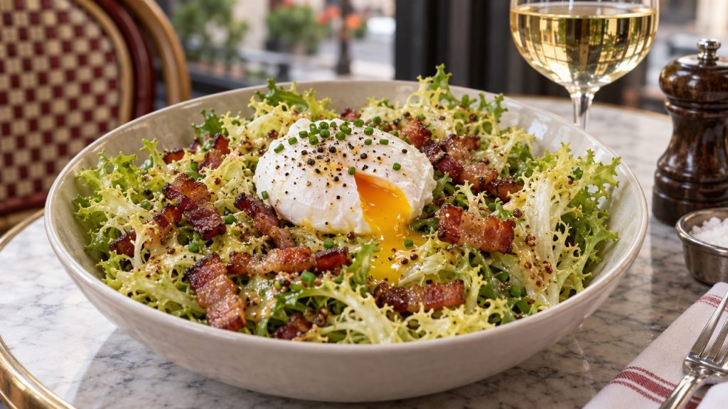 Salade Lyonnaise Frisée Lardons, plated and ready to serve