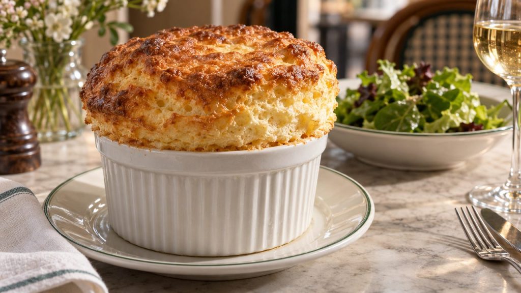 Soufflé au Fromage Gruyère, plated and ready to serve