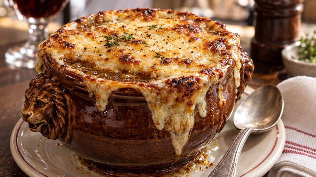 Soupe à l'Oignon Gratinée, plated and ready to serve