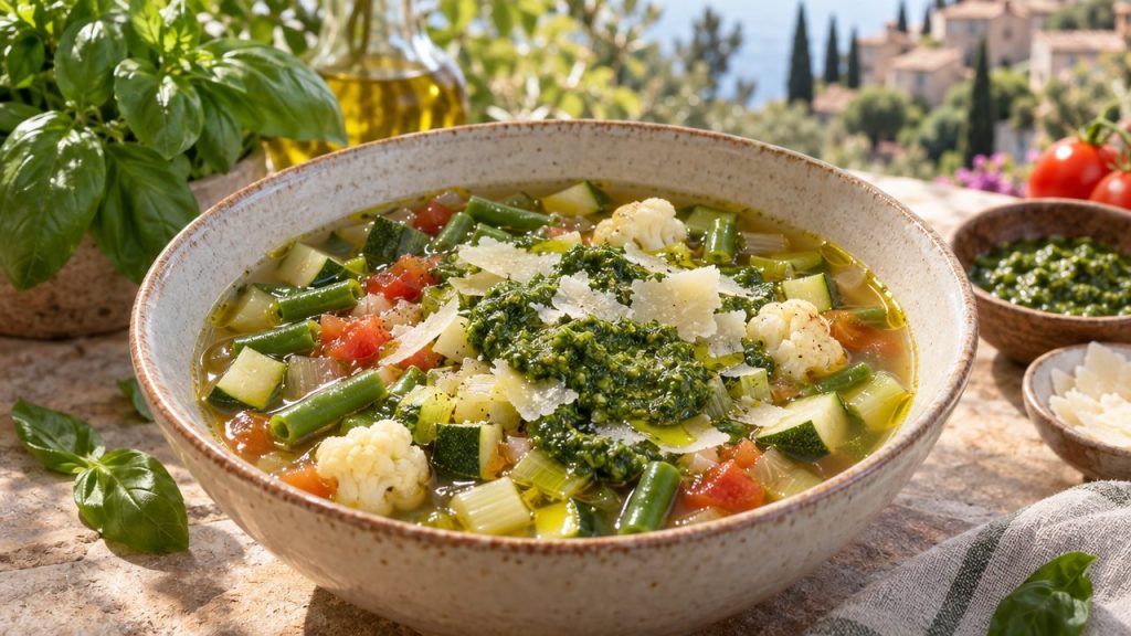 Soupe au Pistou Provençal, plated and ready to serve