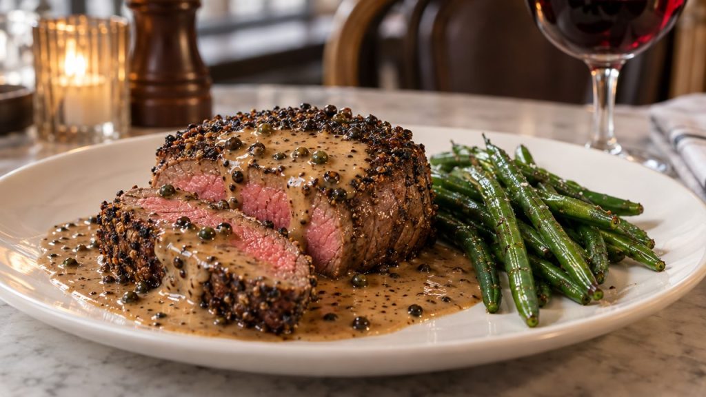 Steak au Poivre Cognac, plated and ready to serve