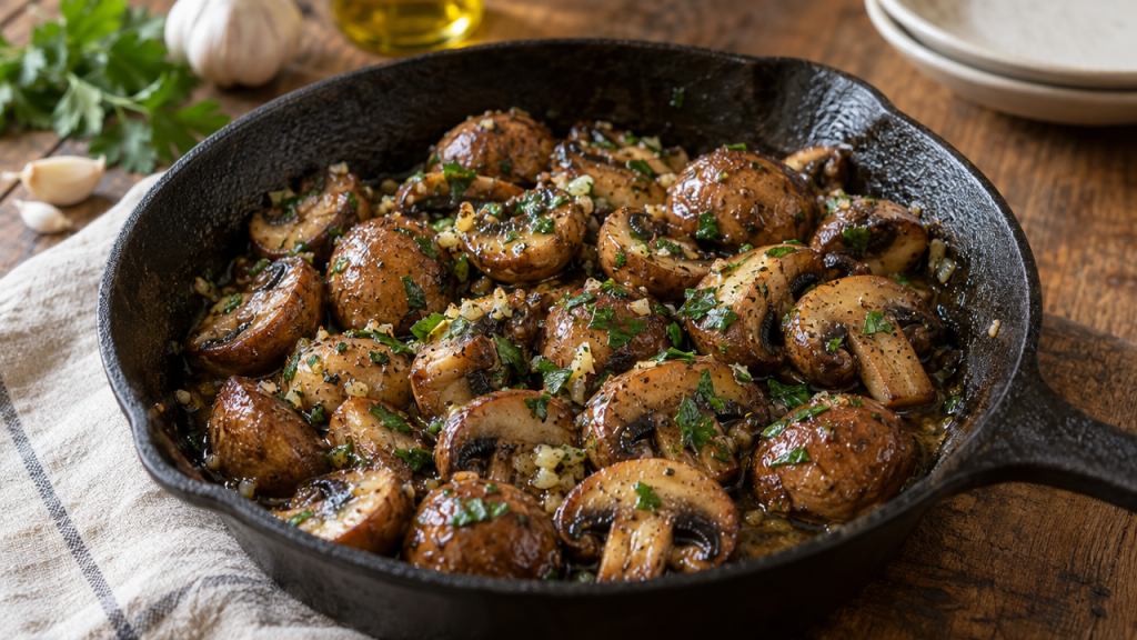 Garlic butter mushrooms in a skillet