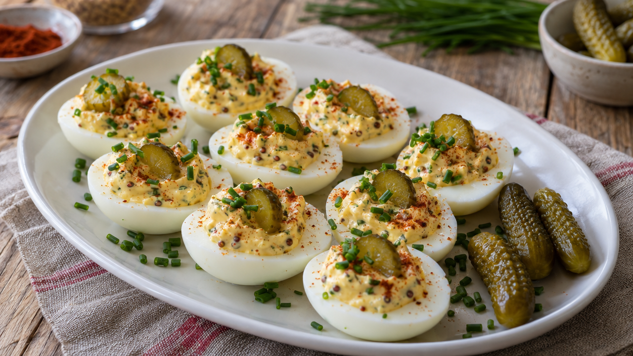 Deviled Eggs with Pickle & Mustard, plated and ready to serve