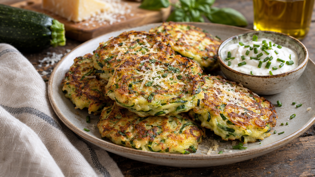 Golden zucchini fritters with sour cream