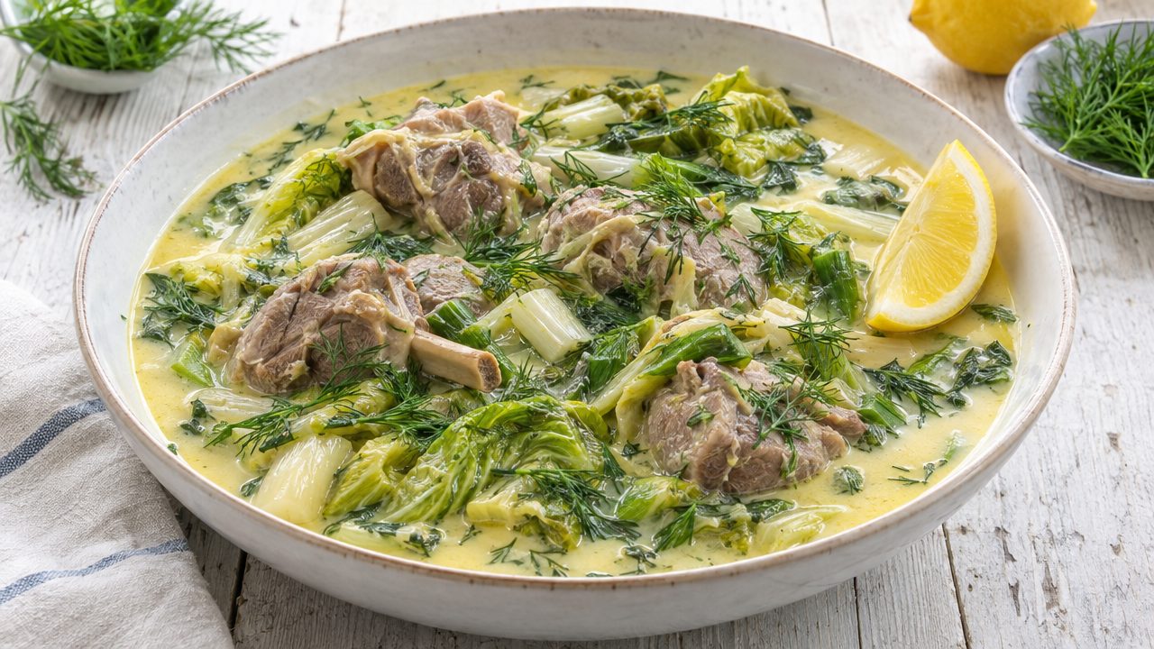 Arnaki Fricassee — Lamb in Egg-Lemon Sauce with Romaine, plated and ready to serve
