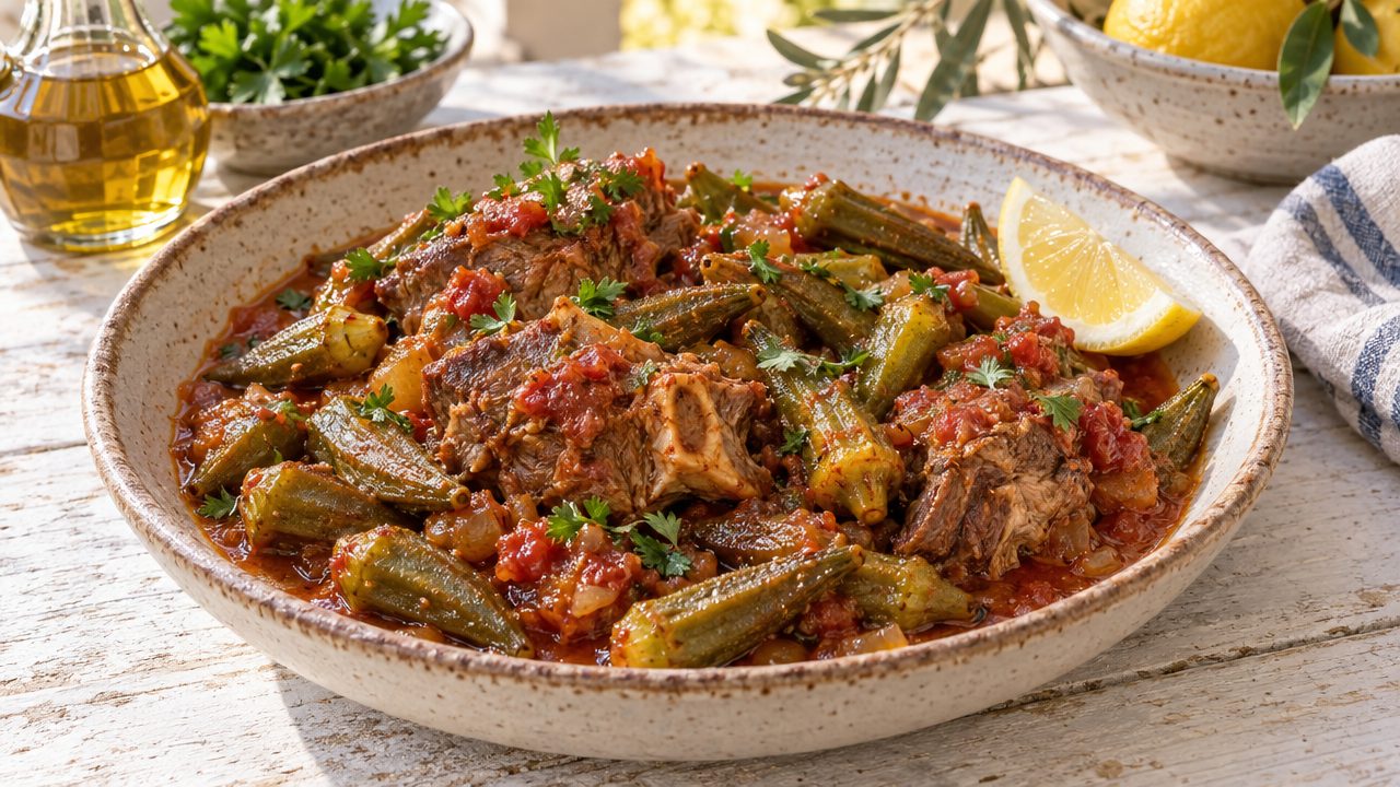 Arnaki me Bamies — Lamb with Okra, plated and ready to serve
