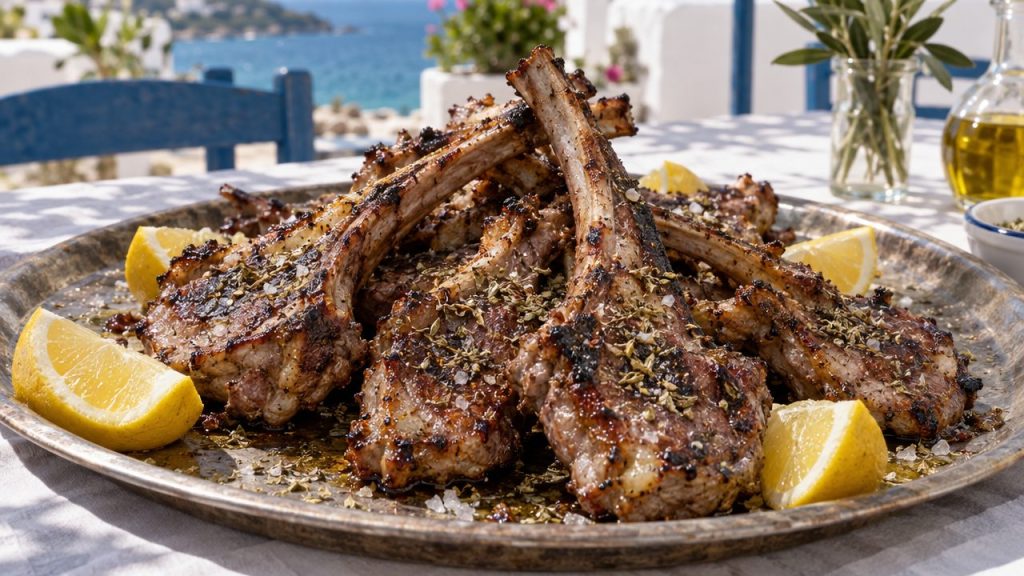 Arnakia Paidakia -- Greek Lamb Rib Chops with Garlic Yogurt, plated and ready to serve
