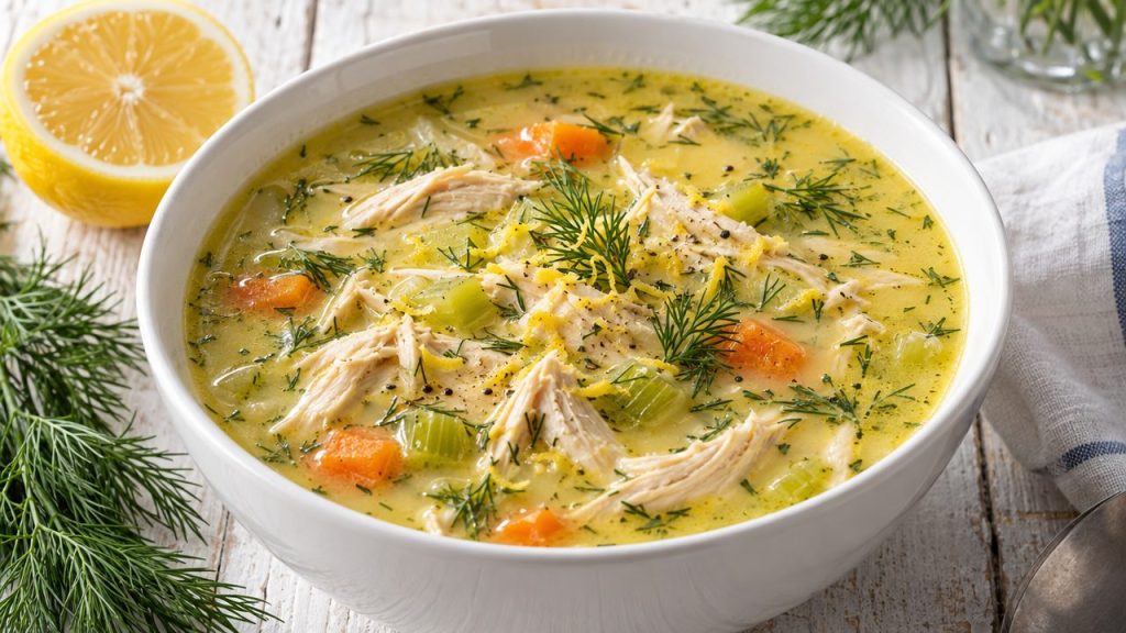 Avgolemono — Greek Lemon Chicken Soup, plated and ready to serve