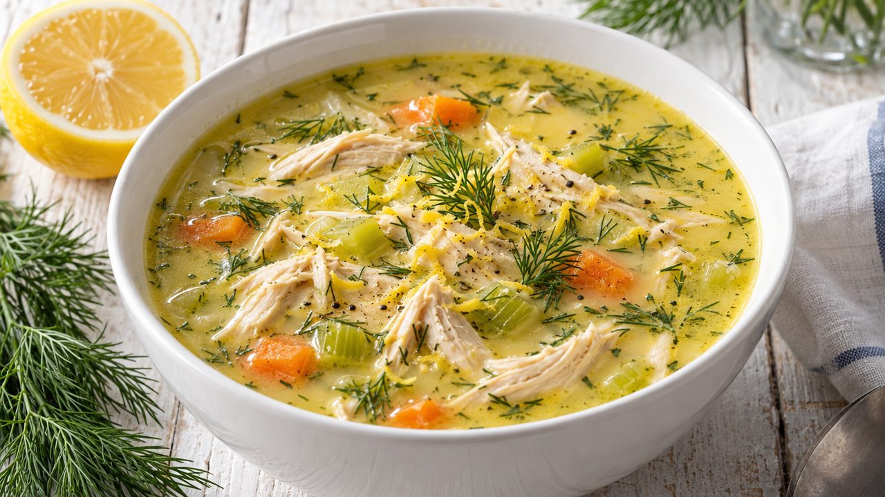 Avgolemono — Greek Lemon Chicken Soup, plated and ready to serve
