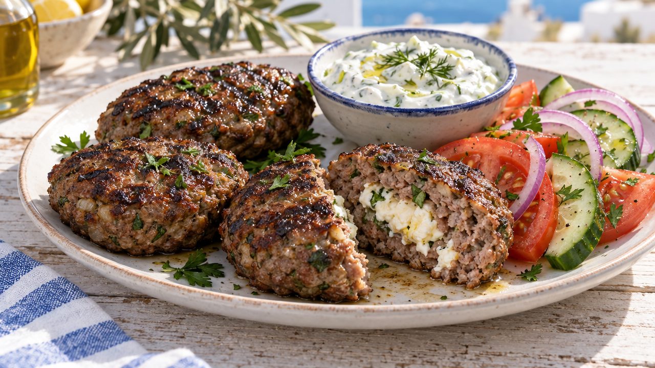 Bifteki — Greek Stuffed Beef Patties, plated and ready to serve