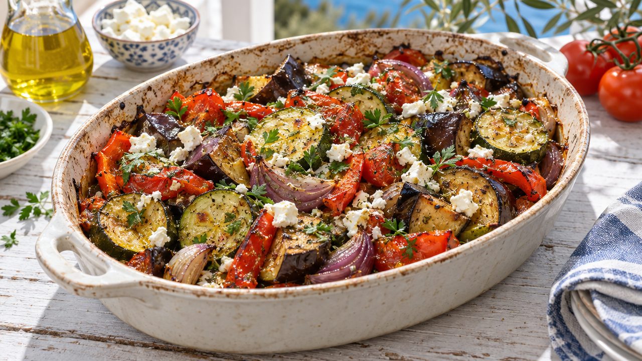 Briam — Greek Slow-Roasted Vegetables, plated and ready to serve