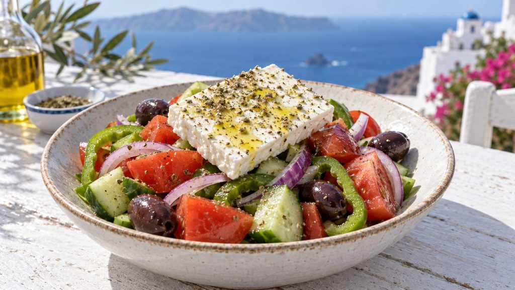 Classic Greek Salad (Horiatiki), plated and ready to serve