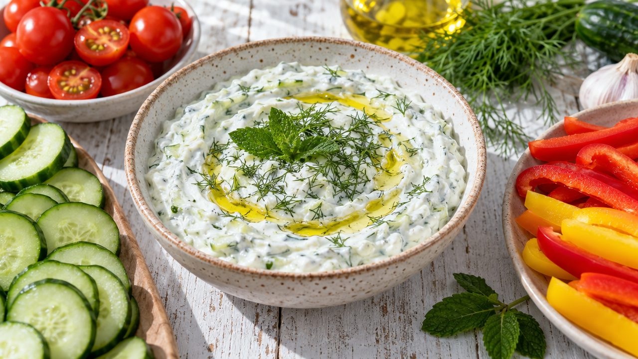 Classic Tzatziki, plated and ready to serve