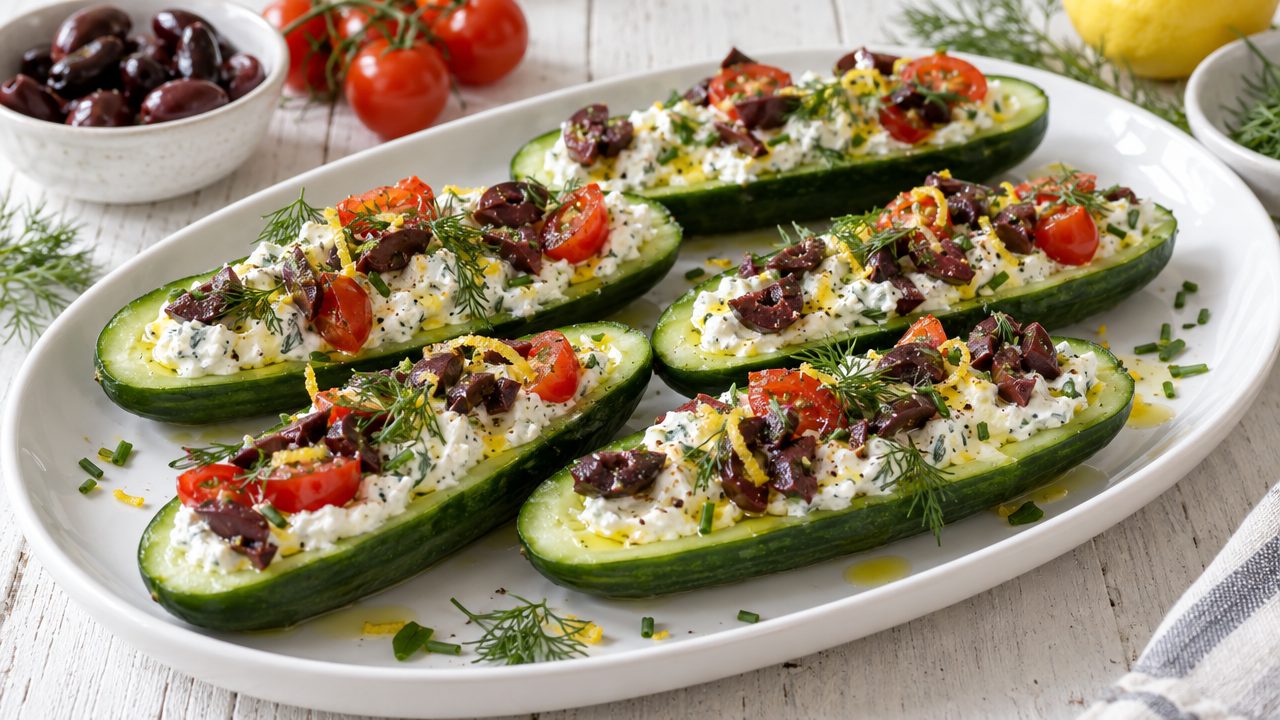 Cucumber Boats with Herbed Goat Cheese, plated and ready to serve