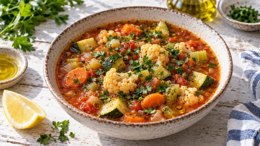 Fasolada — Greek White Bean Soup (Keto Style), plated and ready to serve