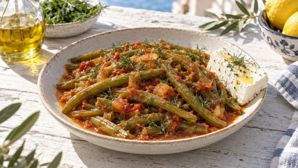 Fasolakia — Greek Green Beans in Tomato, plated and ready to serve