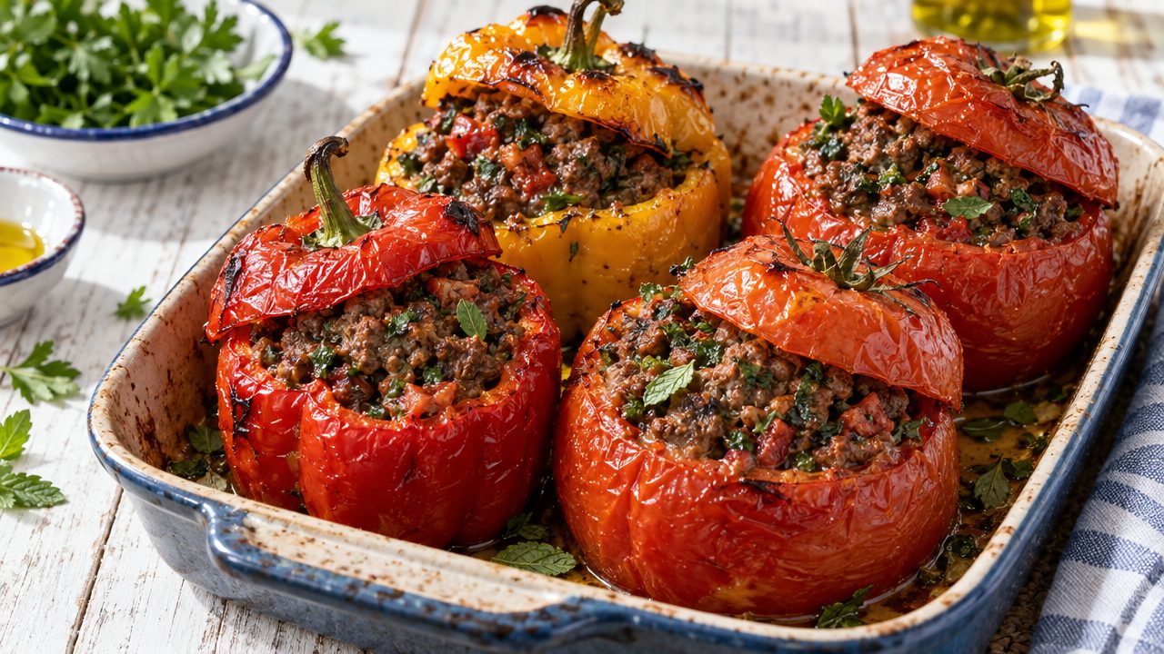 Gemista — Keto Stuffed Tomatoes and Peppers, plated and ready to serve