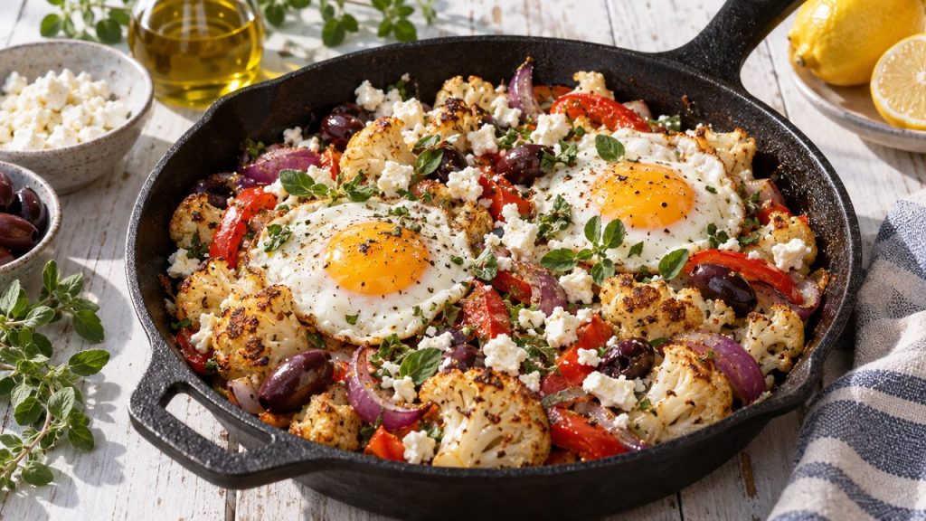 Greek Cauliflower Hash with Feta, plated and ready to serve