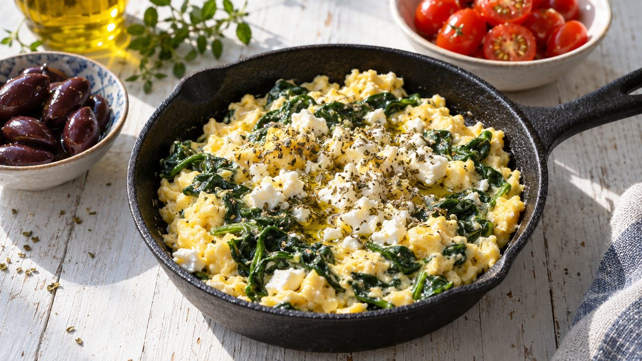 Greek Feta & Spinach Scrambled Eggs, plated and ready to serve