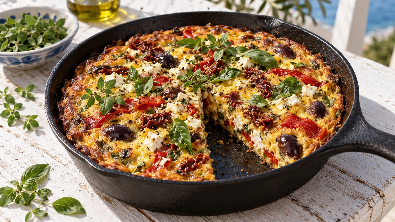 Greek Frittata with Olives & Sun-Dried Tomatoes, plated and ready to serve
