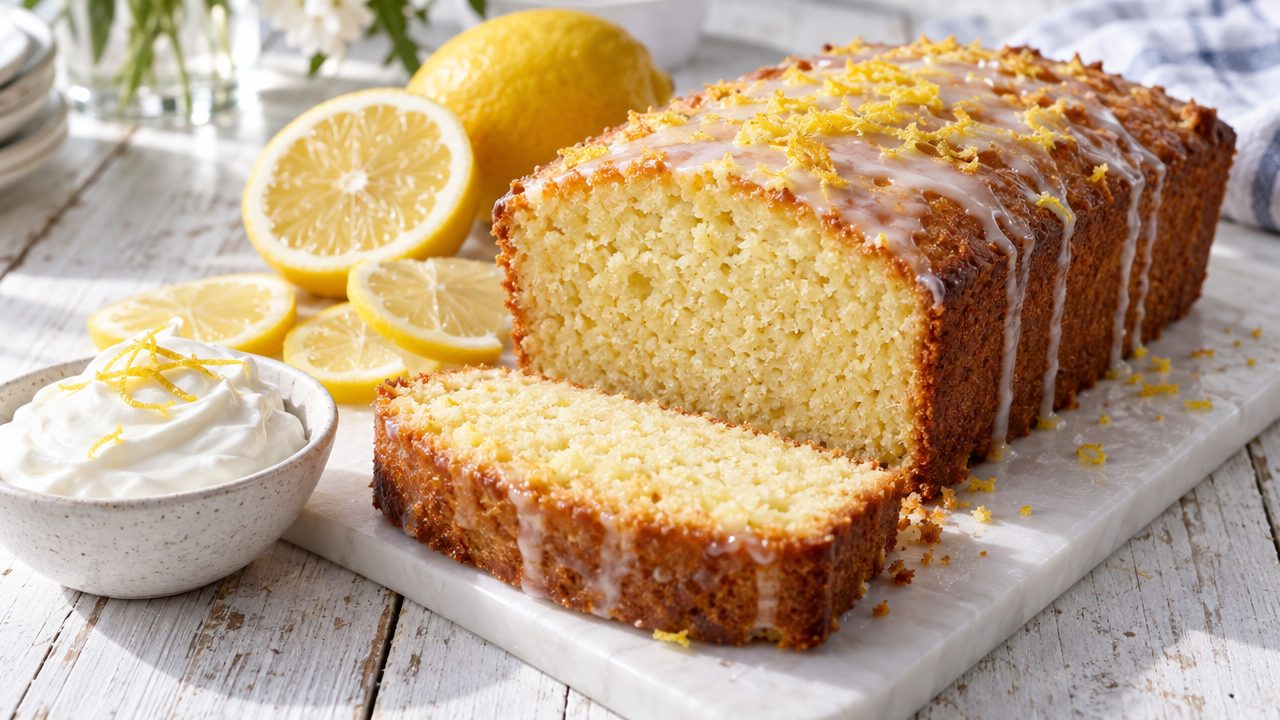 Greek Yogurt Lemon Cake, plated and ready to serve