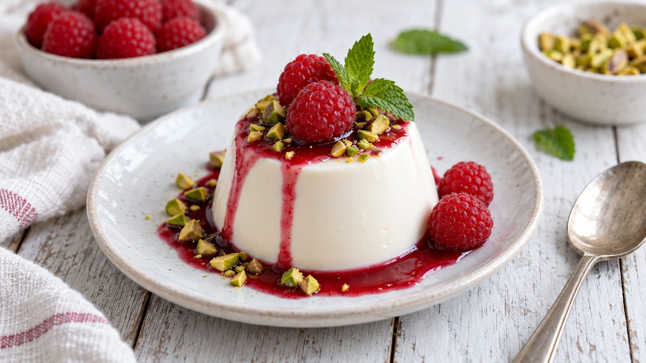 Greek Yogurt Panna Cotta with Honey and Walnuts, plated and ready to serve