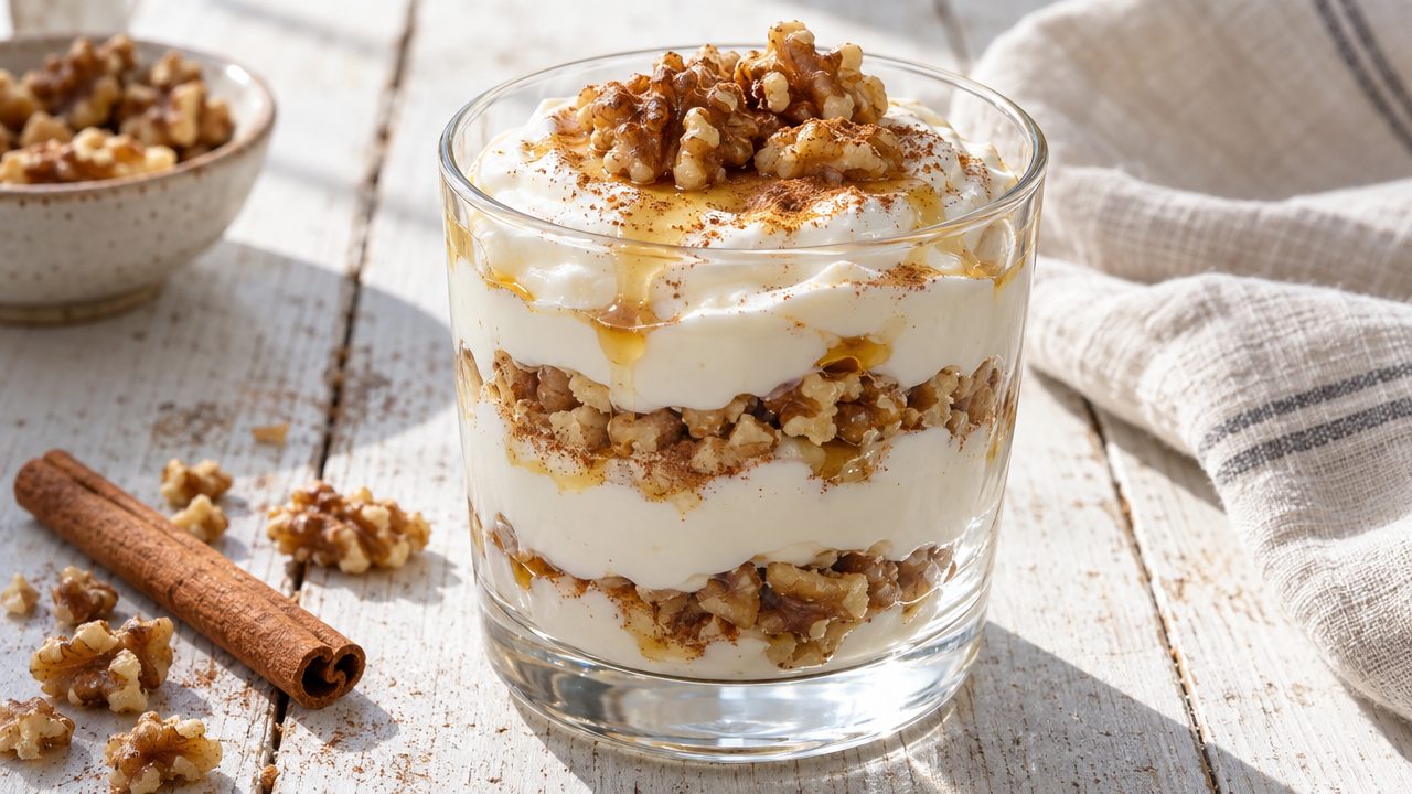 Greek Yogurt Parfait with Walnuts & Cinnamon, plated and ready to serve