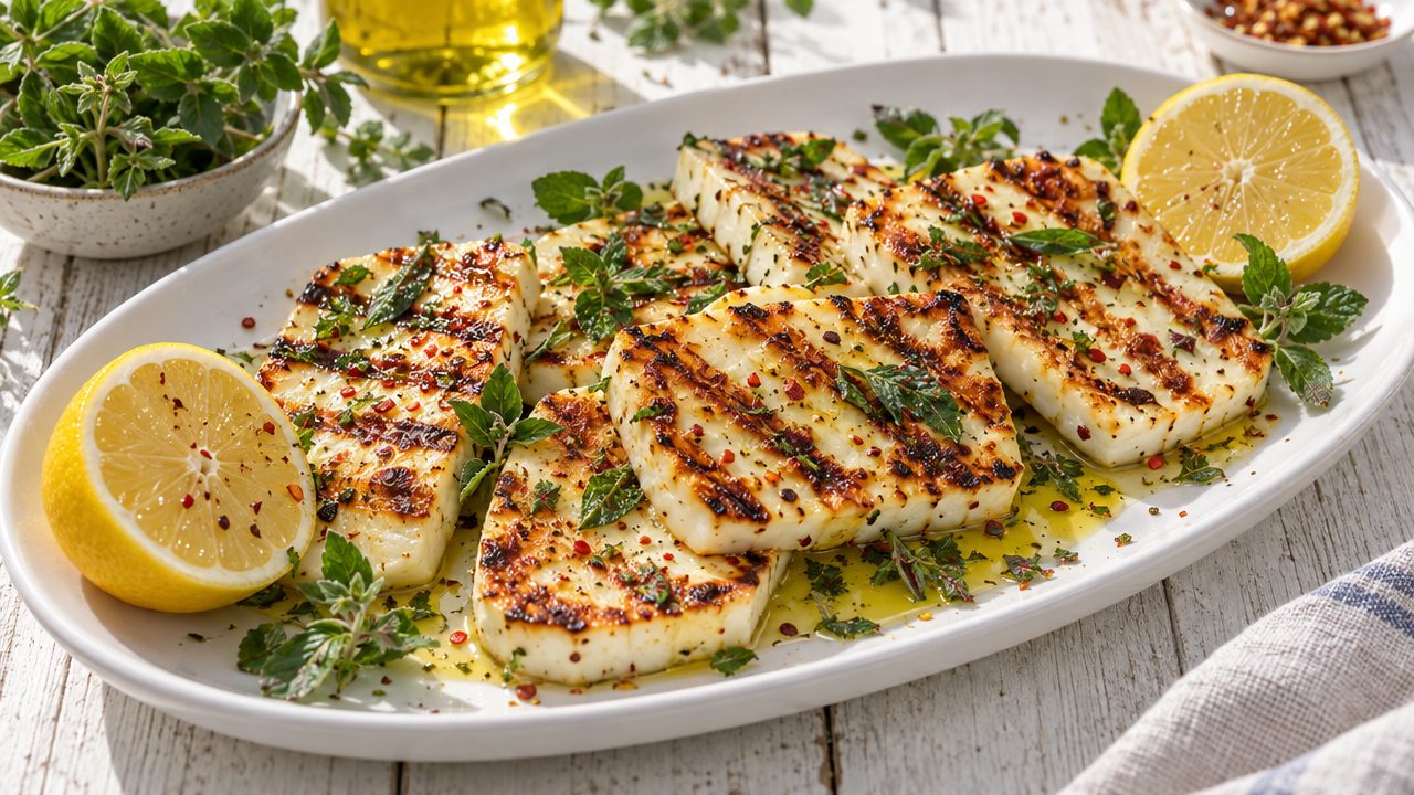 Grilled Halloumi with Lemon & Herbs, plated and ready to serve