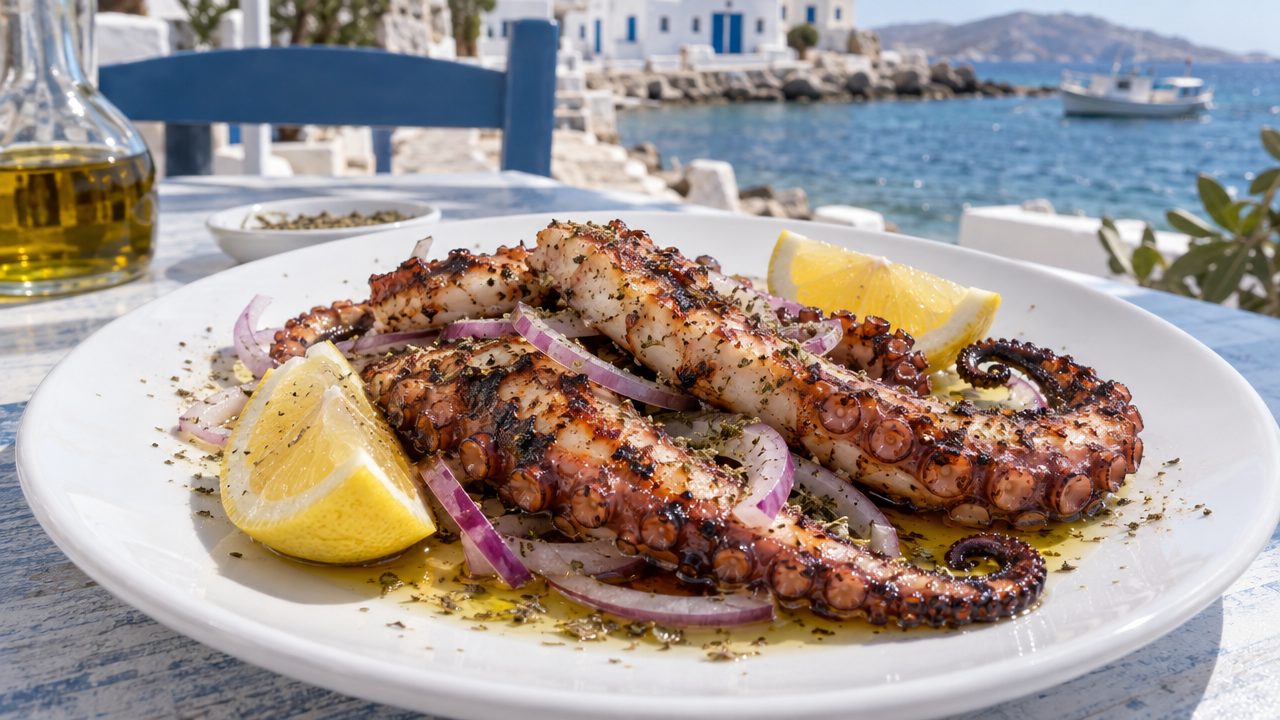 Grilled Octopus with Olive Oil and Capers, plated and ready to serve