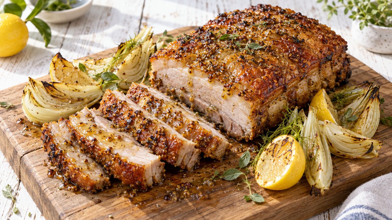 Grilled Pork Belly with Honey-Mustard Herb Glaze, plated and ready to serve