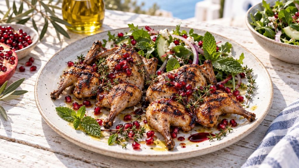 Grilled Quail with Pomegranate and Fresh Herbs, plated and ready to serve