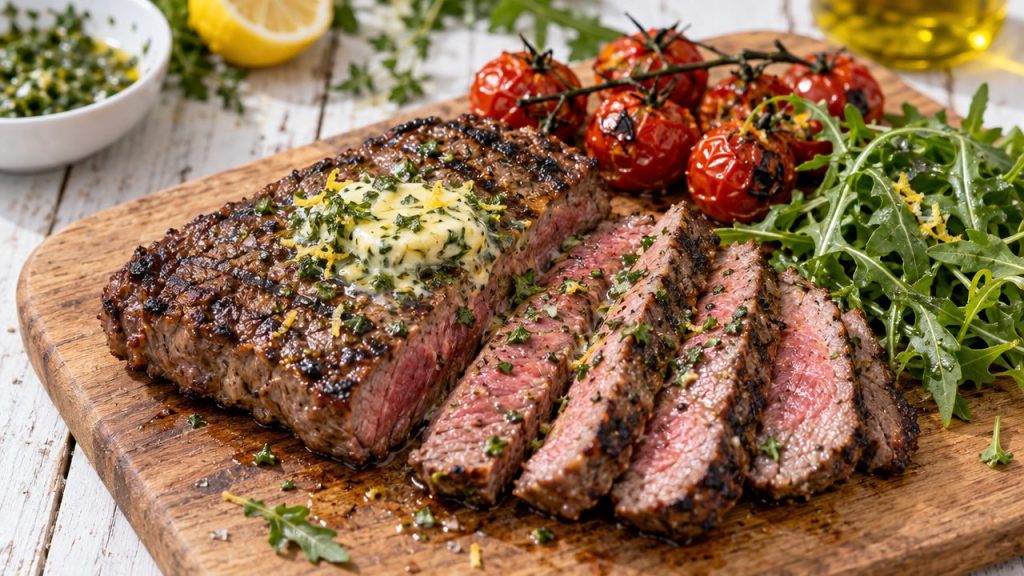 Grilled Sirloin with Greek Herb Butter and Lemon, plated and ready to serve