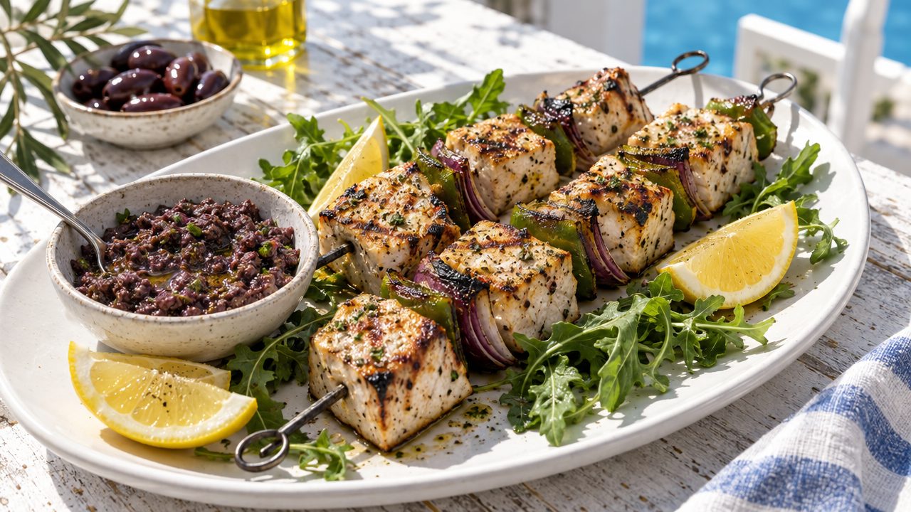 Grilled Swordfish Souvlaki with Olive Tapenade, plated and ready to serve