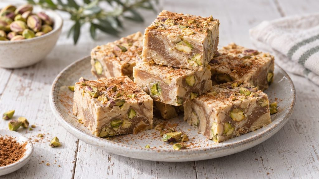 Halvah-Style Almond Fudge, plated and ready to serve