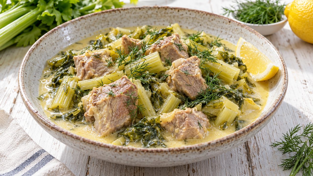 Hirino me Selino — Pork with Celery in Egg-Lemon Sauce, plated and ready to serve