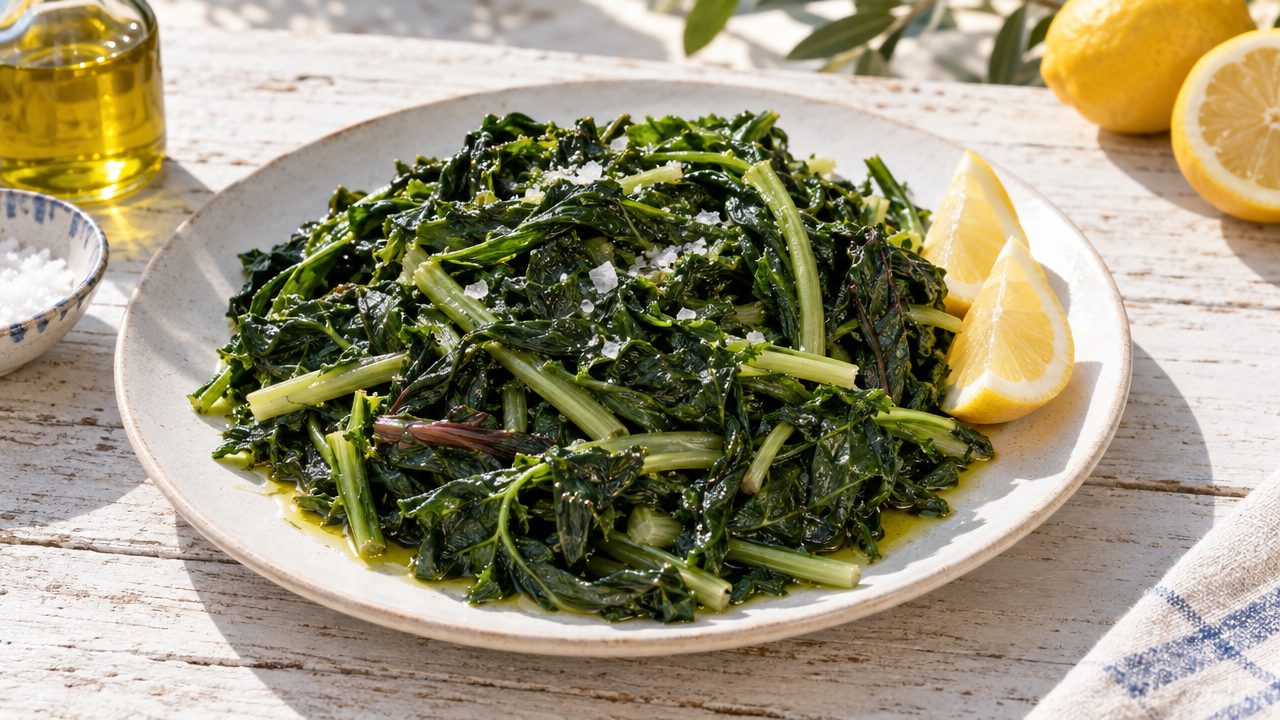 Horta Vrasta — Greek Wild Greens, plated and ready to serve