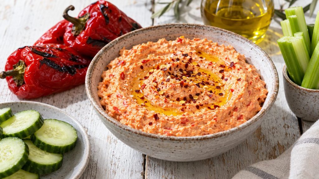 Htipiti — Quick Roasted Pepper and Feta Spread, plated and ready to serve