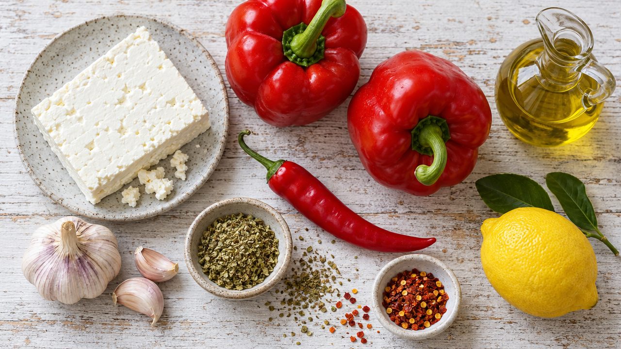 Ingredients for Htipiti — Quick Roasted Pepper and Feta Spread