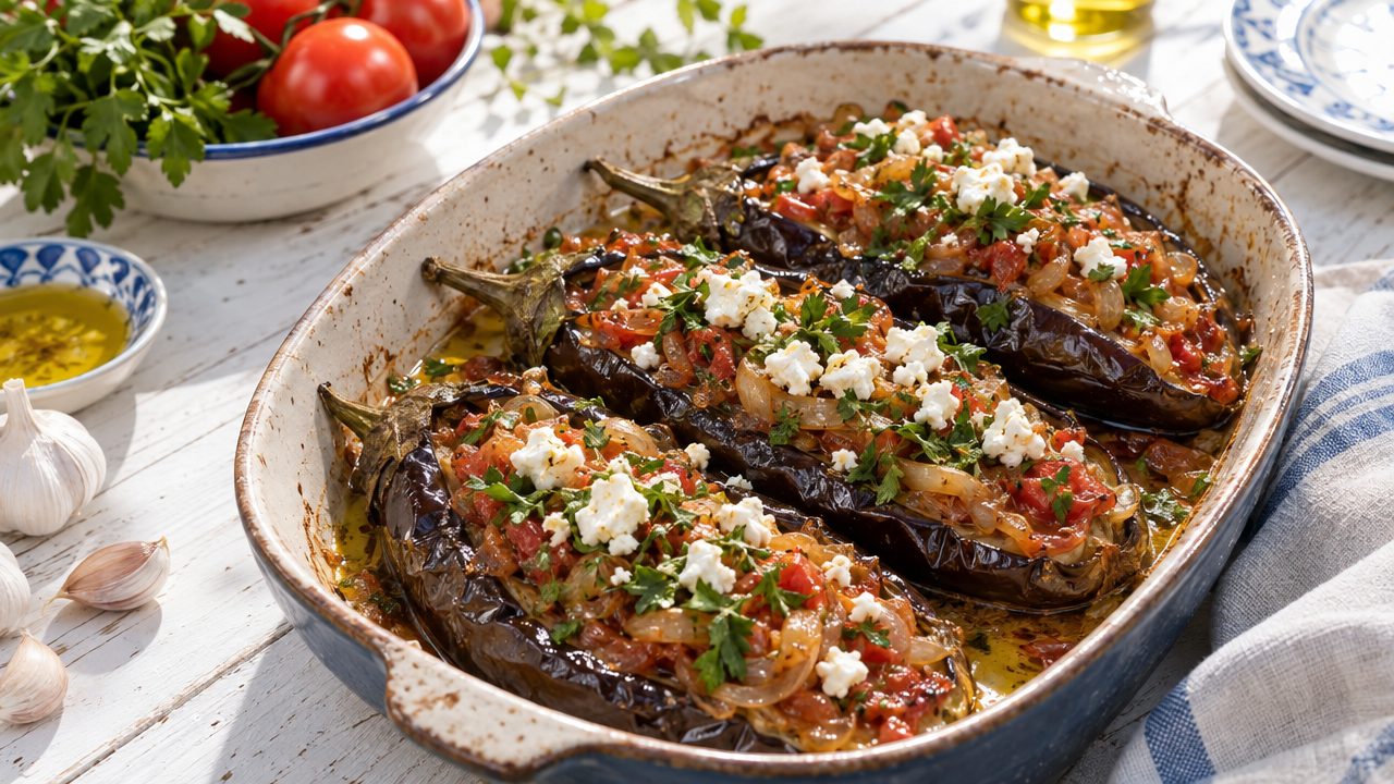 Imam Baildi — Stuffed Eggplant with Tomato and Herbs, plated and ready to serve