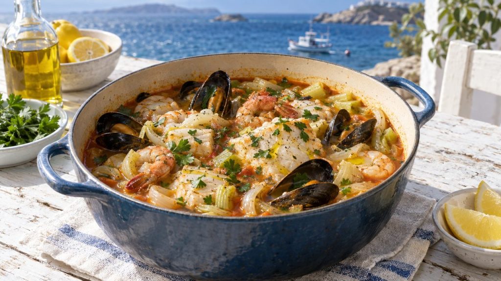 Kakavia — Greek Fisherman's Stew, plated and ready to serve
