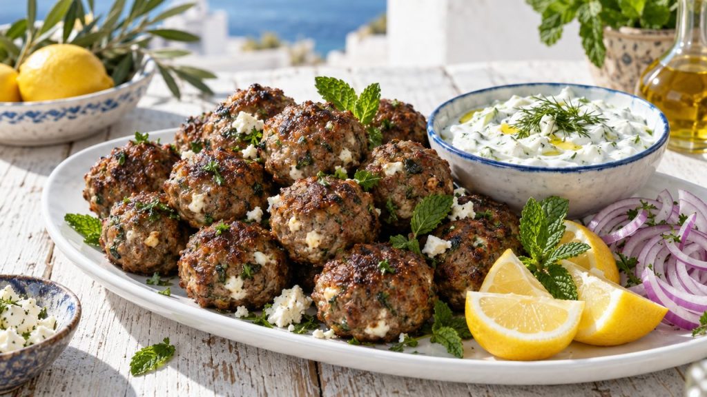Keftedes (Greek Meatballs with Mint & Feta), plated and ready to serve